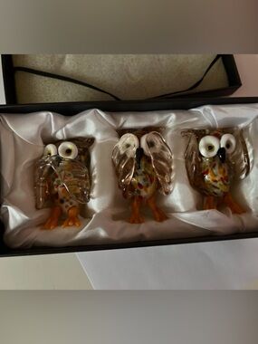 Pier 1 Orange and Yellow Glass Owl Trio Figurines